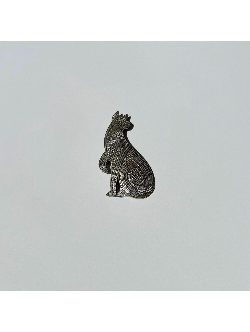 Vintage Cat Brooch | Large Silver Tone Kitten Pin | Gift for Cat Lover